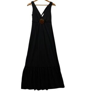 BCX Womens Black V-Neck Maxi Dress Tortoiseshell Ring Braided Waist Small